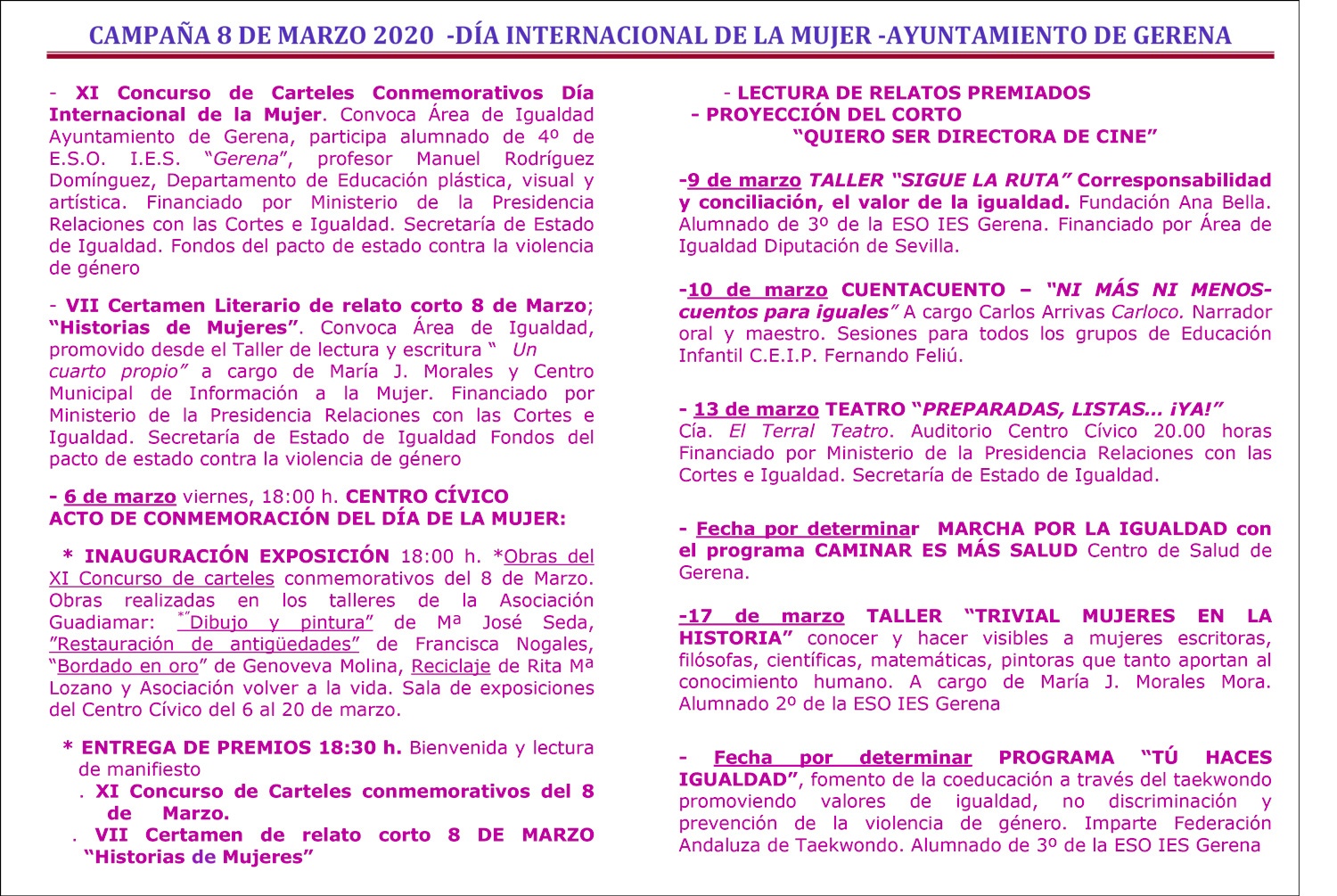 Actos por el Día Internacional de la Mujer, 8 marzo